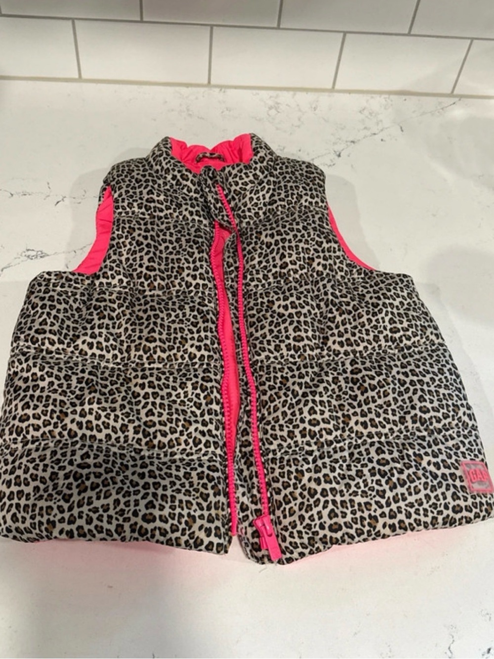 GAP Leopard Print Puffer Vest with Hot Pink Trim